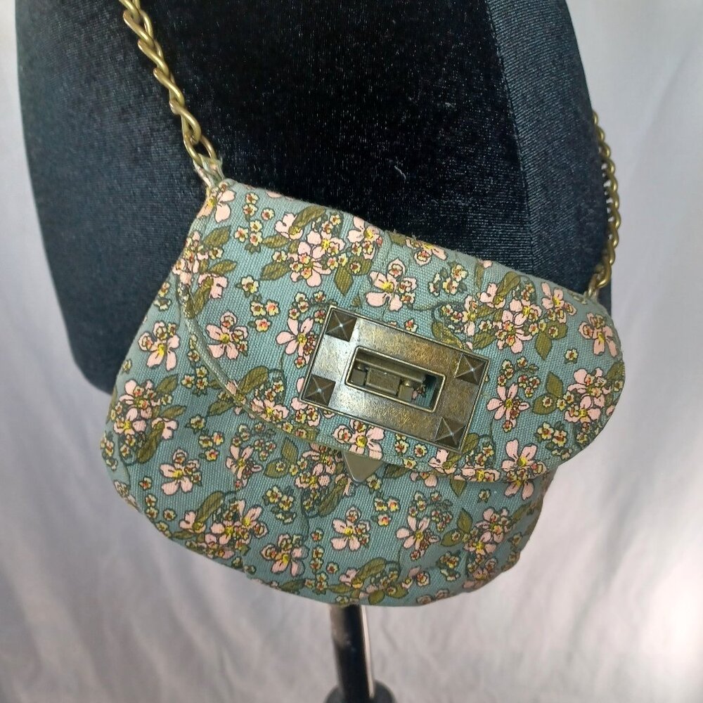 Blue Floral Mini Crossbody Purse Gold Chain Strap Retro Style